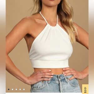 Off White Ribbed Halter Crop Top